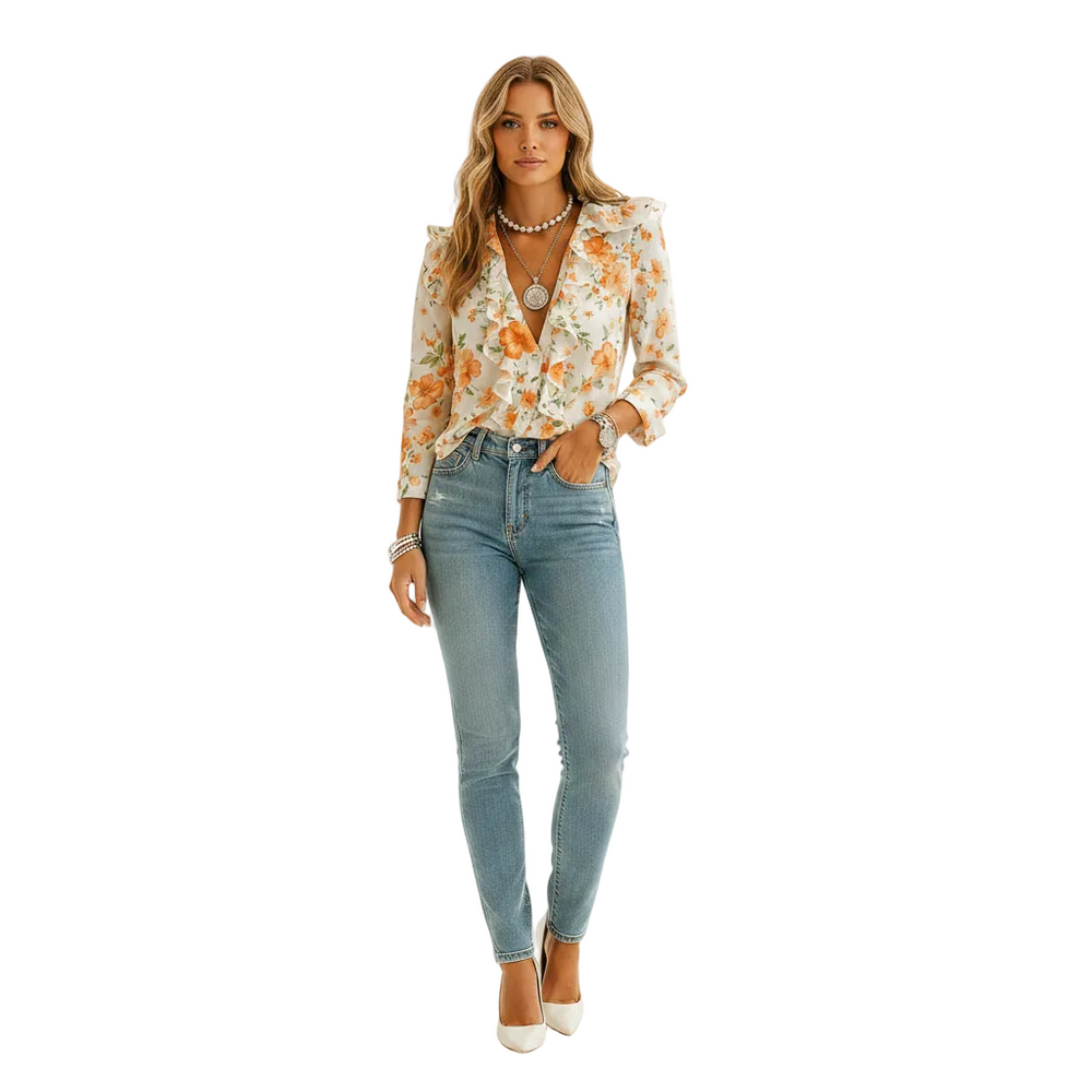 Women’s Long Sleeve Butterfly Pattern Blouse with Ruffle Detail kingzboutique.shop