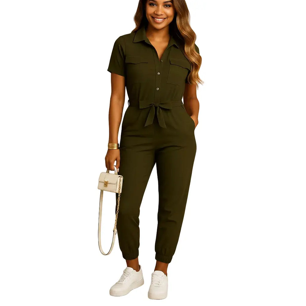 Slim Fit Button Front Jumpsuit for Women with Structured Shape kingzboutique.shop