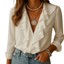 Load image into Gallery viewer, Women’s Long Sleeve Butterfly Pattern Blouse with Ruffle Detail kingzboutique.shop
