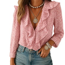 Load image into Gallery viewer, Women’s Long Sleeve Butterfly Pattern Blouse with Ruffle Detail kingzboutique.shop
