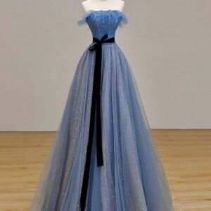 Blue Tulle A-Line Strapless Long Prom Dress, Beautiful Evening Party Dress