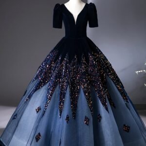 Blue V-Neck Velvet and Sequins Floor Length Prom Dress, Elegant Short Sleeve Formal Dress